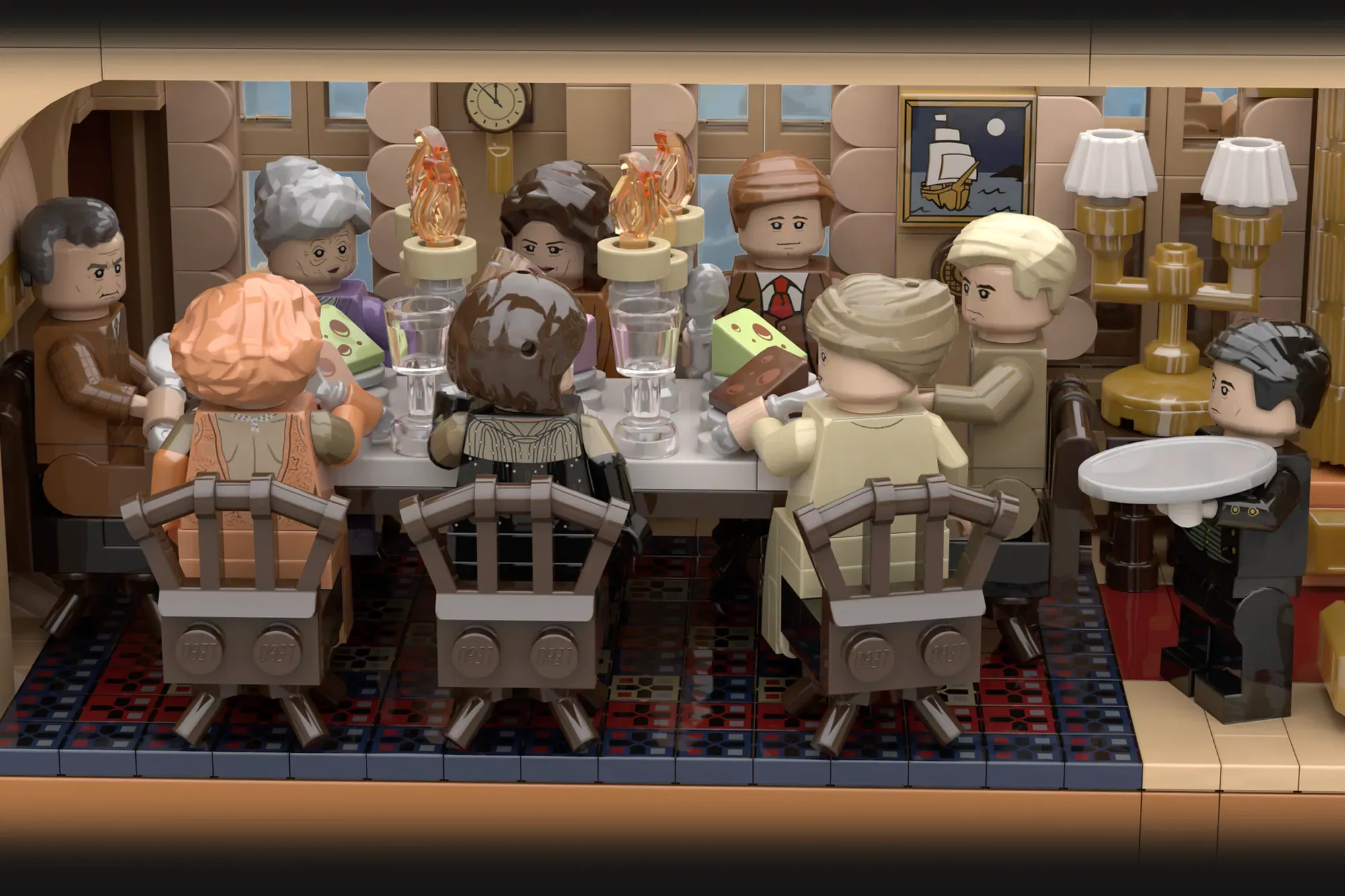 LEGO minifigures seated at a formal dining table in an elegant room with period furnishings and decor.