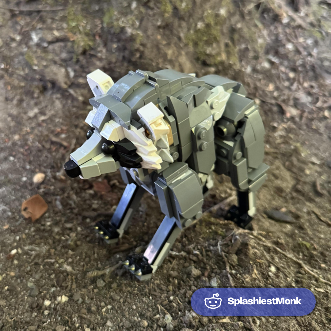 LEGO raccoon MOC with tan and gray brick construction, featuring articulated limbs on rocky ground.