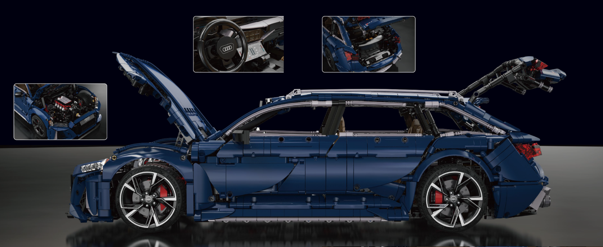 CaDA Audi RS6 Avant brick model with open hood, trunk, and detailed engine, steering wheel, and interior visible.