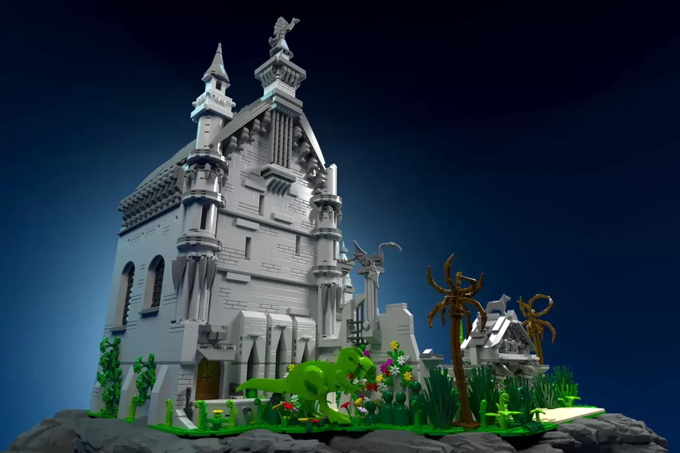 LEGO Edward Scissorhands castle with white Gothic architecture, spires, and colorful garden plants against blue background.