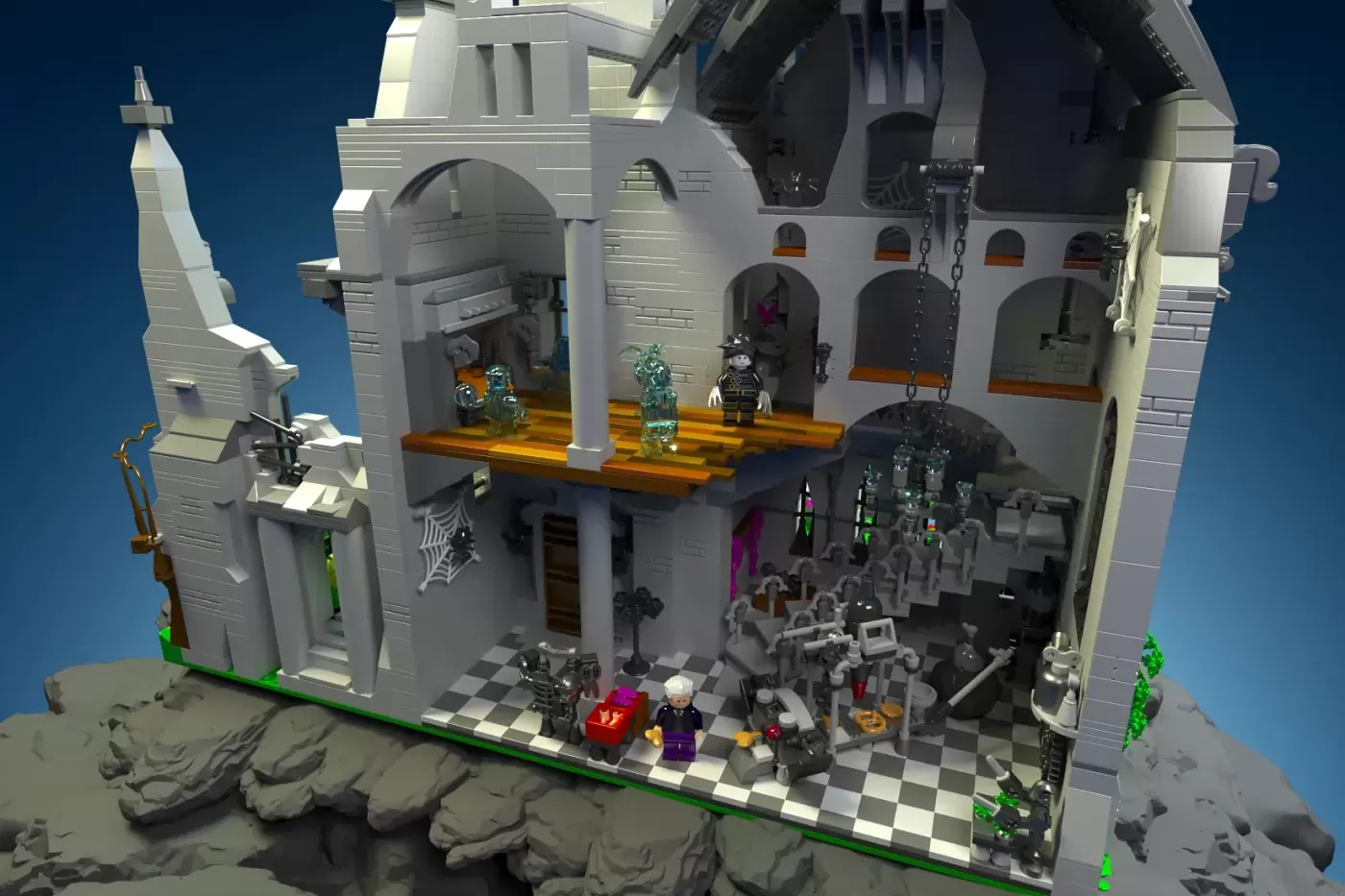 LEGO haunted castle with gray stone towers, checkered floor, skeleton minifigures, and Gothic details against blue backgro…
