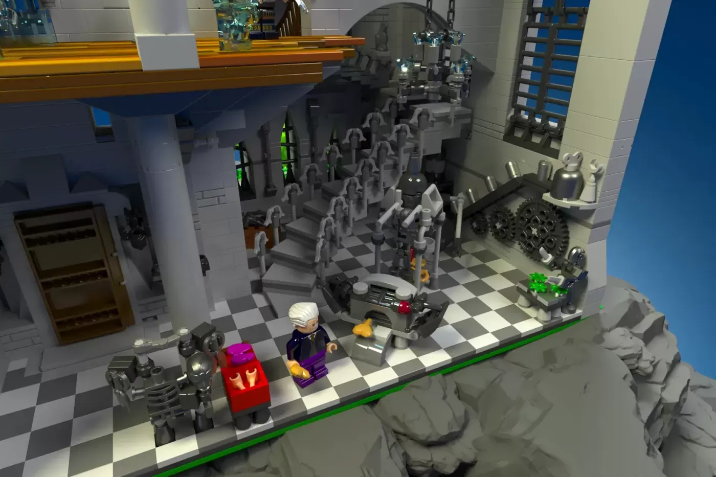 LEGO Edward Scissorhands castle interior with gothic architecture, minifigures, and cookie machine on checkered floor.