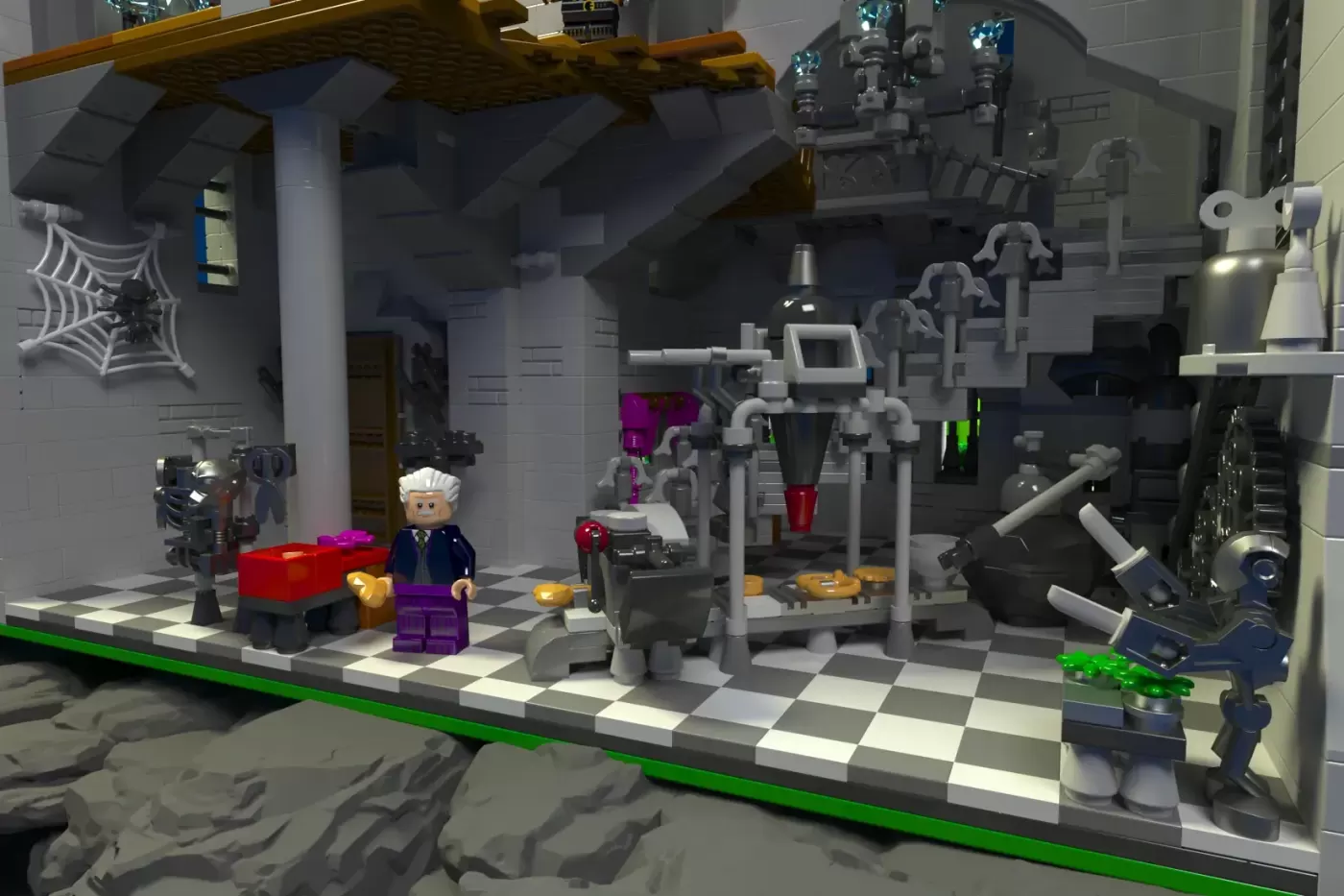 LEGO Edward Scissorhands castle set featuring white-haired minifigure, gothic architecture, machinery, and checkered floor.