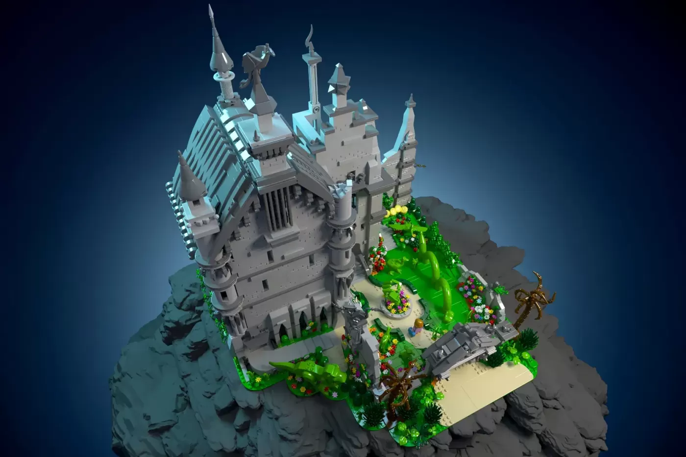 LEGO castle with turrets and spires on rocky terrain, featuring green gardens and flowers, inspired by Tim Burton's gothic…