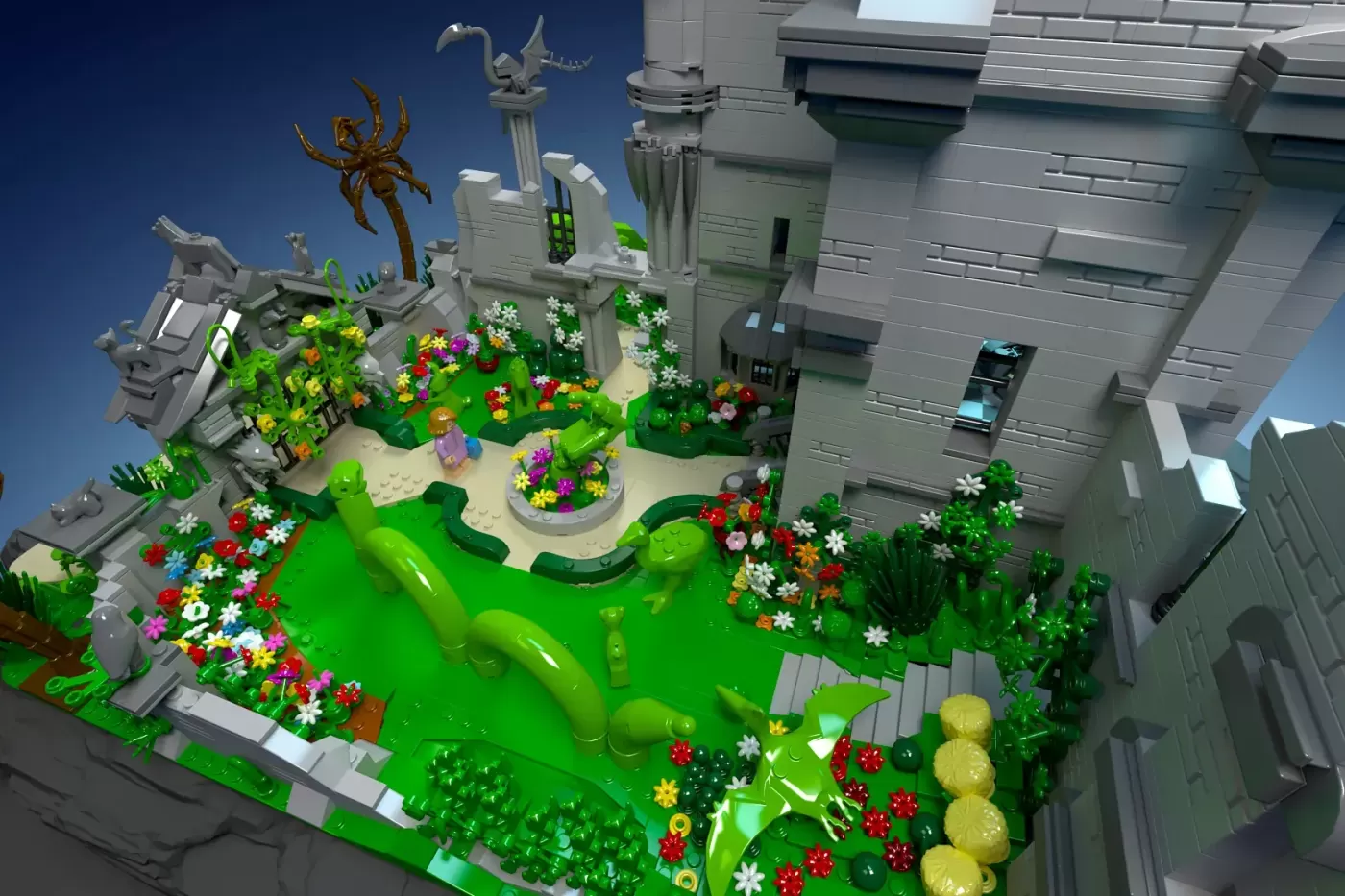 LEGO castle garden with gray stone towers, vibrant green lawn, colorful flowers, golden topiary, and flying creatures over…