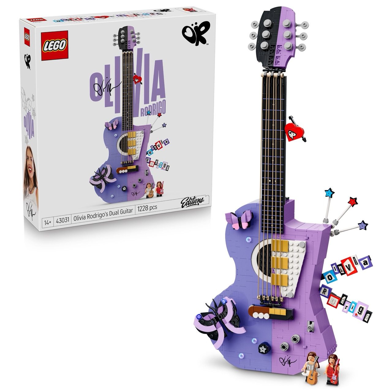 LEGO Olivia Rodrigo's Dual Guitar set with purple guitar, minifigures, and decorative elements displayed.