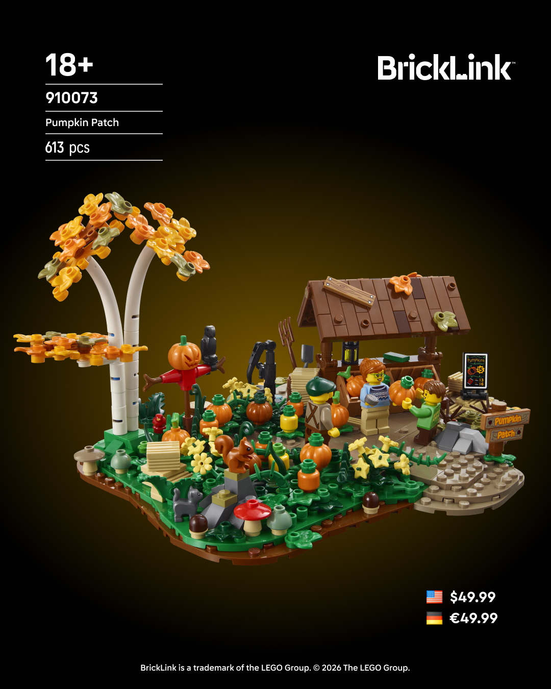 BrickLink Pumpkin Patch set with autumn tree, farmhouse, minifigures, and pumpkins displayed on green baseplate.