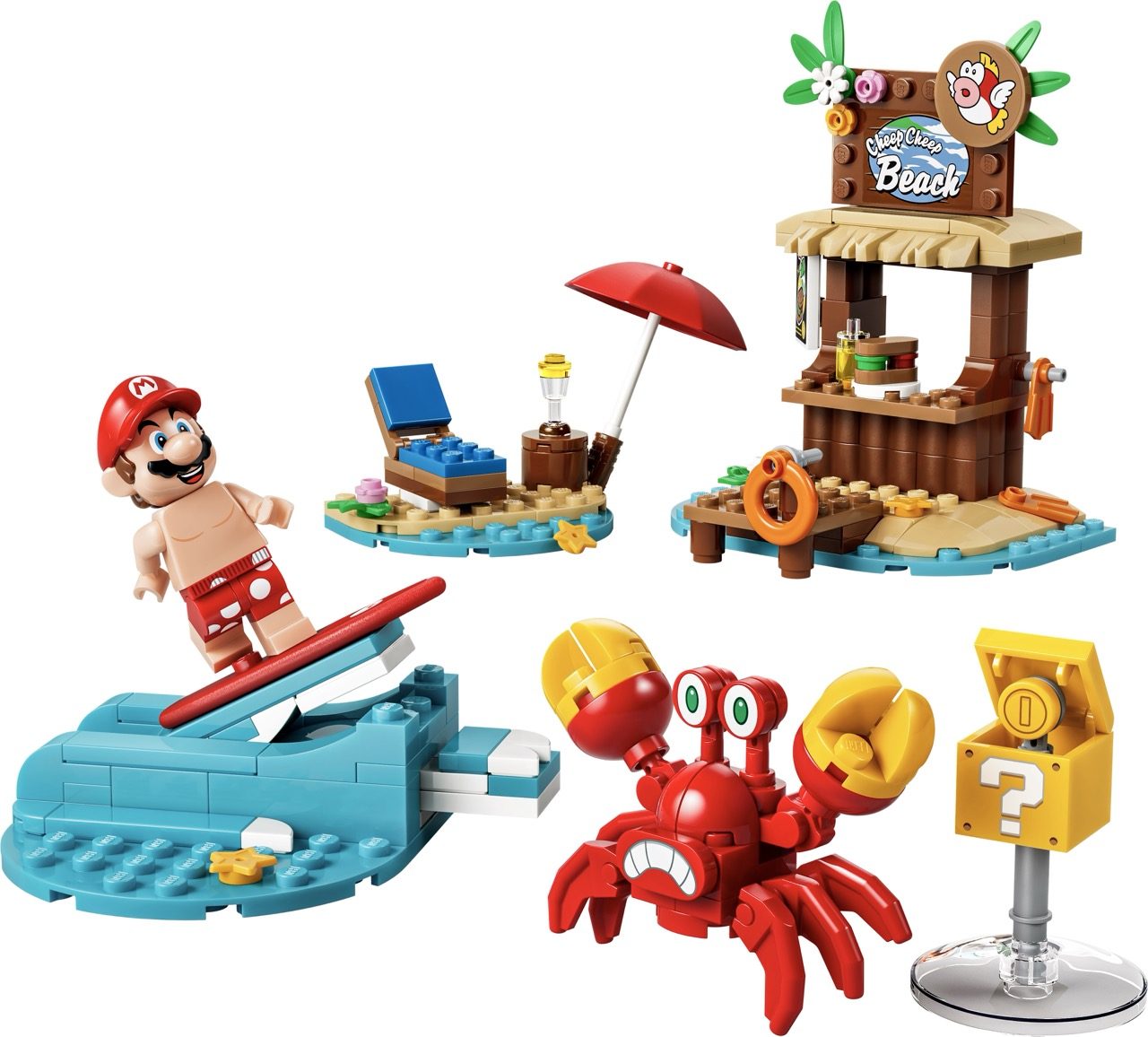 LEGO Super Mario beach-themed set with Mario minifigure, surfboard, beach shack, Cheep Cheep enemy, and accessories.