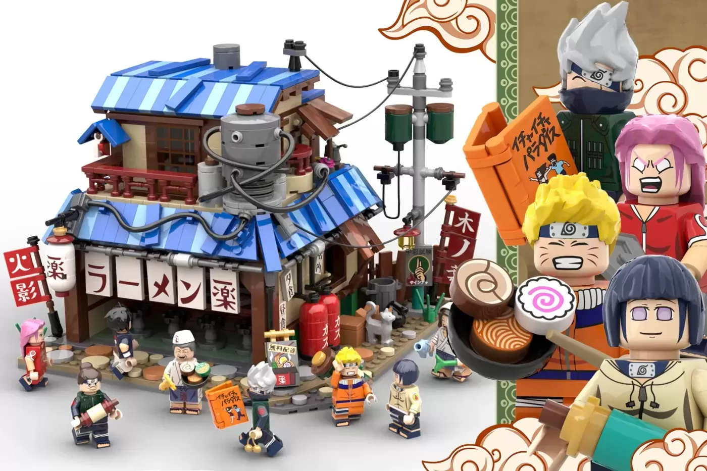 LEGO Naruto ramen shop set with minifigures and detailed Japanese-style building with blue roof.