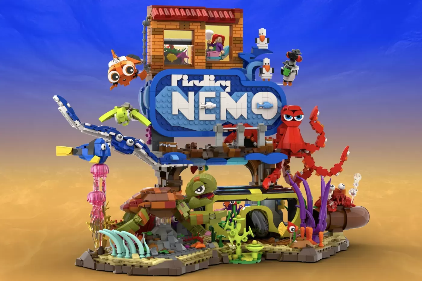 LEGO Finding Nemo set featuring ocean scenes, coral, minifigures, and character builds across multiple levels.
