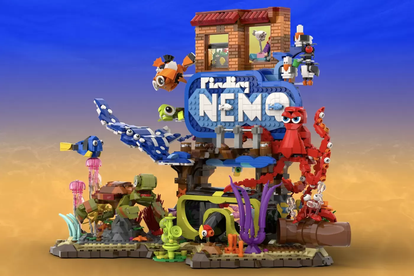 LEGO Finding Nemo set featuring coral reef with fish characters, sunken house, and ocean elements on sandy base.
