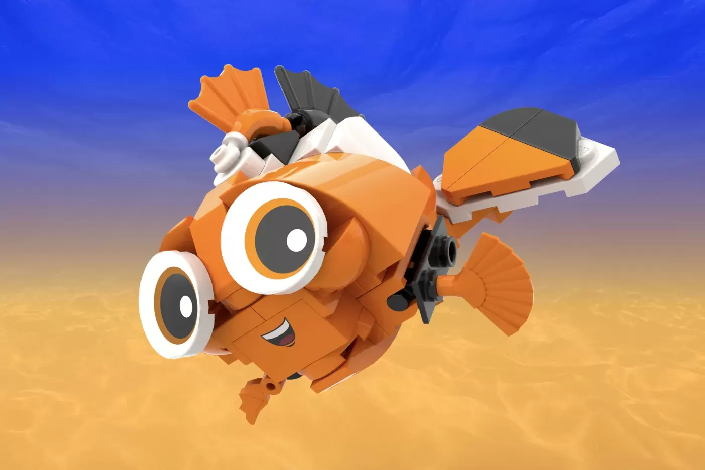 LEGO brick-built Nemo character with orange body, large white eyes, black stripes, and articulated fins against blue sky a…