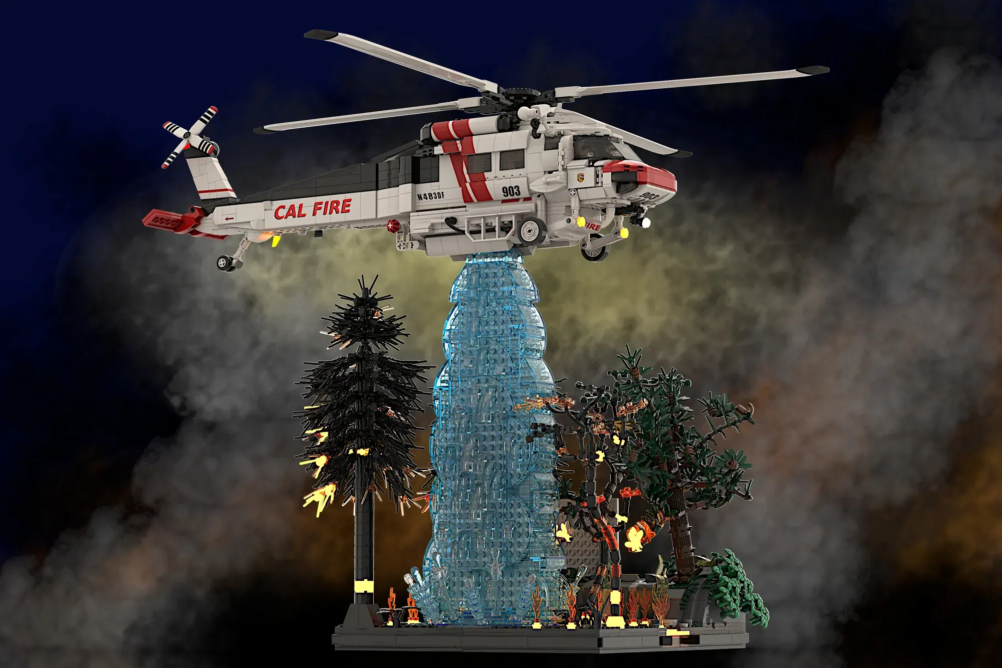 LEGO Cal Fire helicopter dropping water on burning pine tree with flames and smoke effects.
