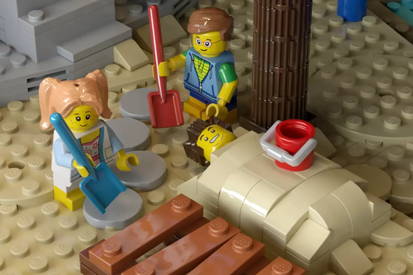 LEGO minifigures with construction tools on a seaside pier building scene with cream baseplate and brown brick details.