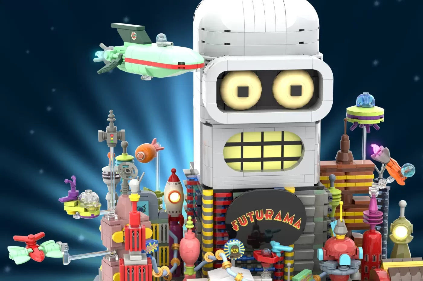 LEGO Futurama Planet Express building with Bender's head, spaceship, and colorful sci-fi structures on display.