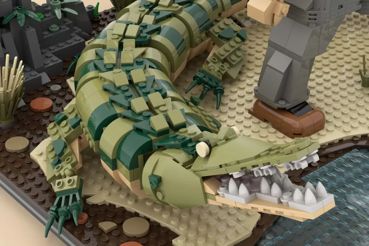 LEGO crocodile model with green and tan coloring, detailed scales, open jaw with white teeth, and sandy outback baseplate …