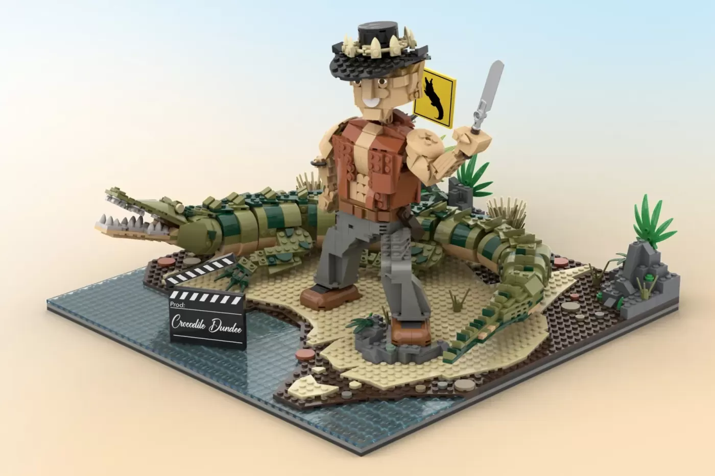 LEGO Crocodile Dundee set featuring minifigure with hat and knife, giant crocodiles, outback terrain, and production clapp…