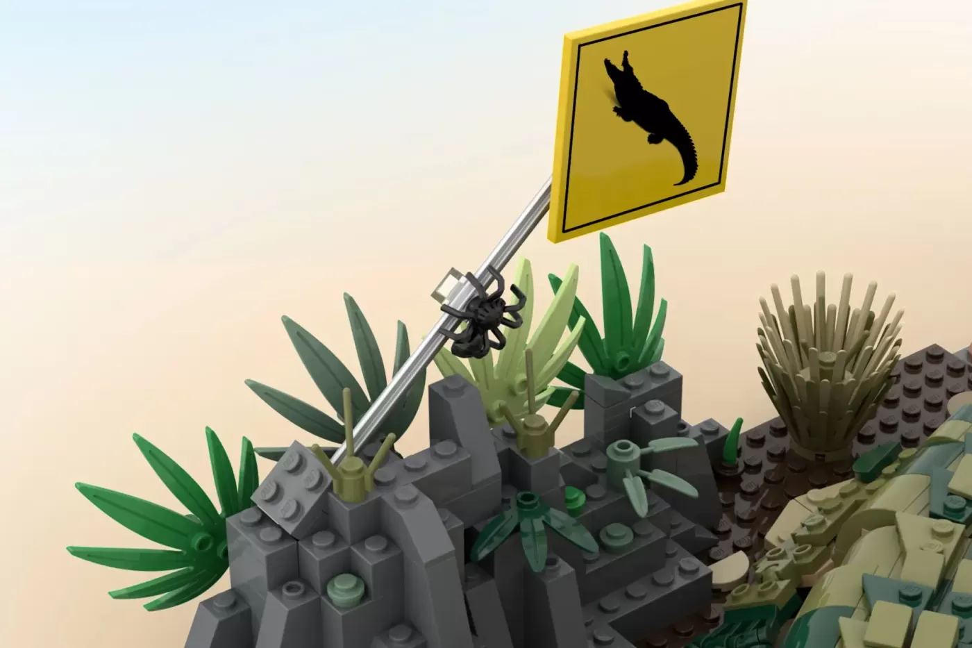 LEGO crocodile warning sign on pole above desert landscape with cacti and rocky terrain.