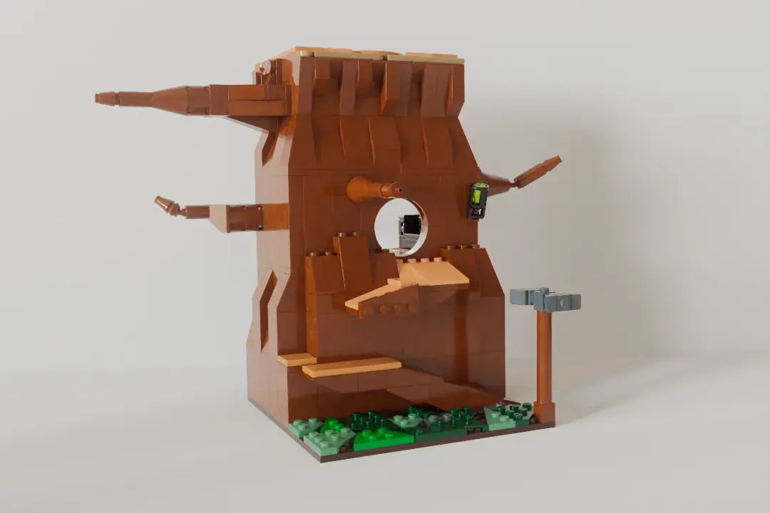 LEGO tree house structure with brown trunk, wooden platforms, green foliage base, and small accessories.