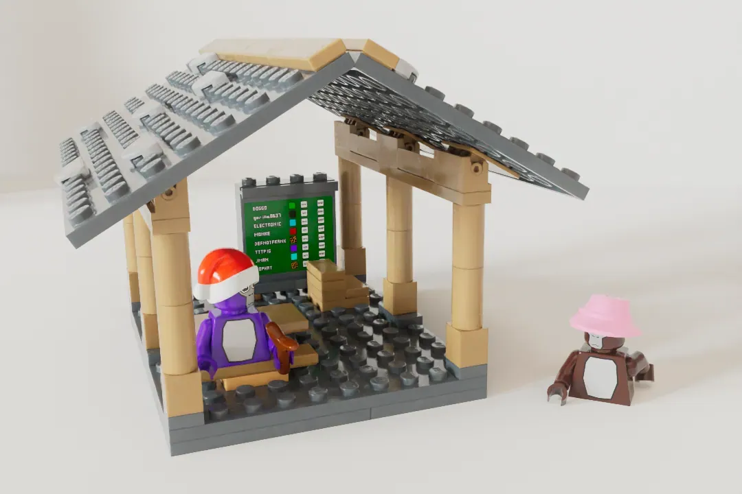 LEGO forest map shelter with tan columns, solar panels, green control panel, and two minifigures wearing winter hats.