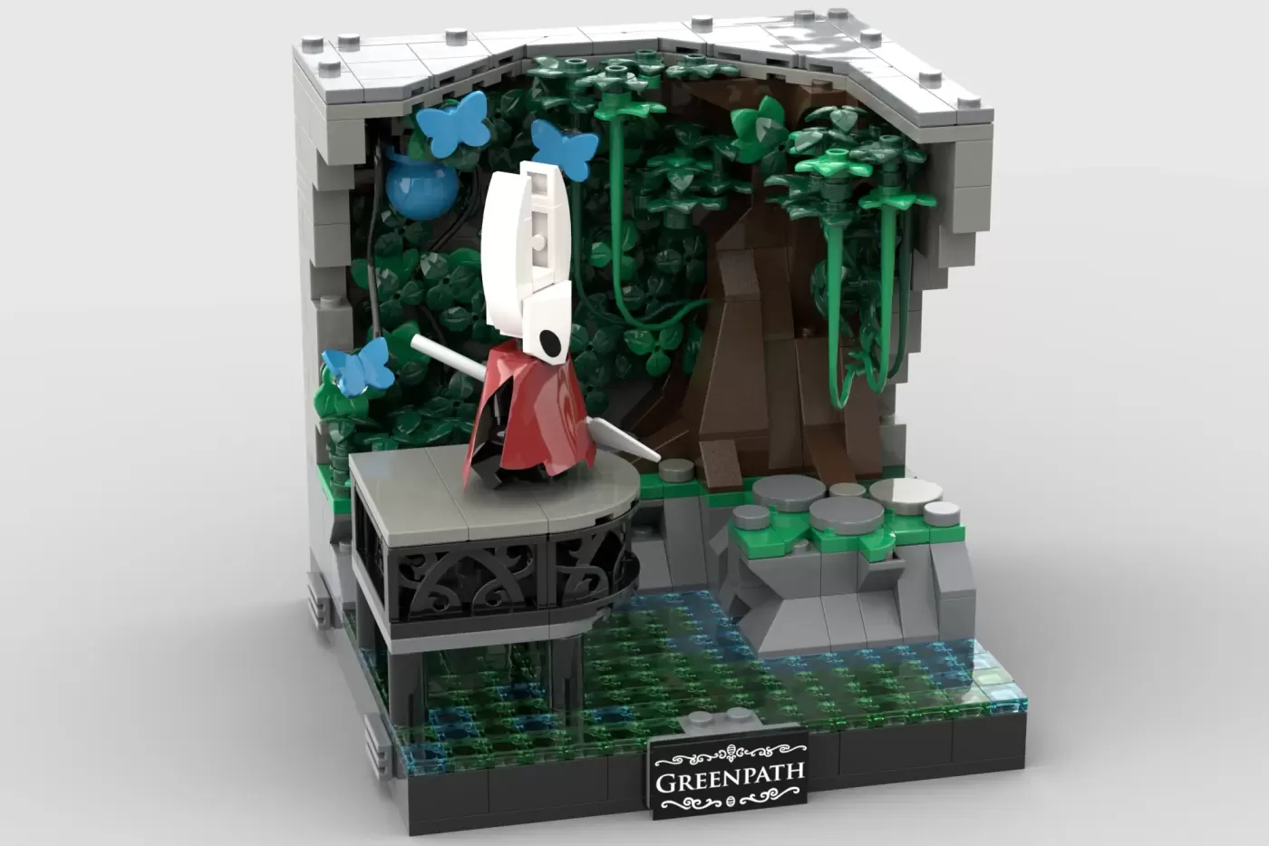 LEGO Hollow Knight set featuring white masked character in red cloak amid green forest environment with "Greenpath" namepl…