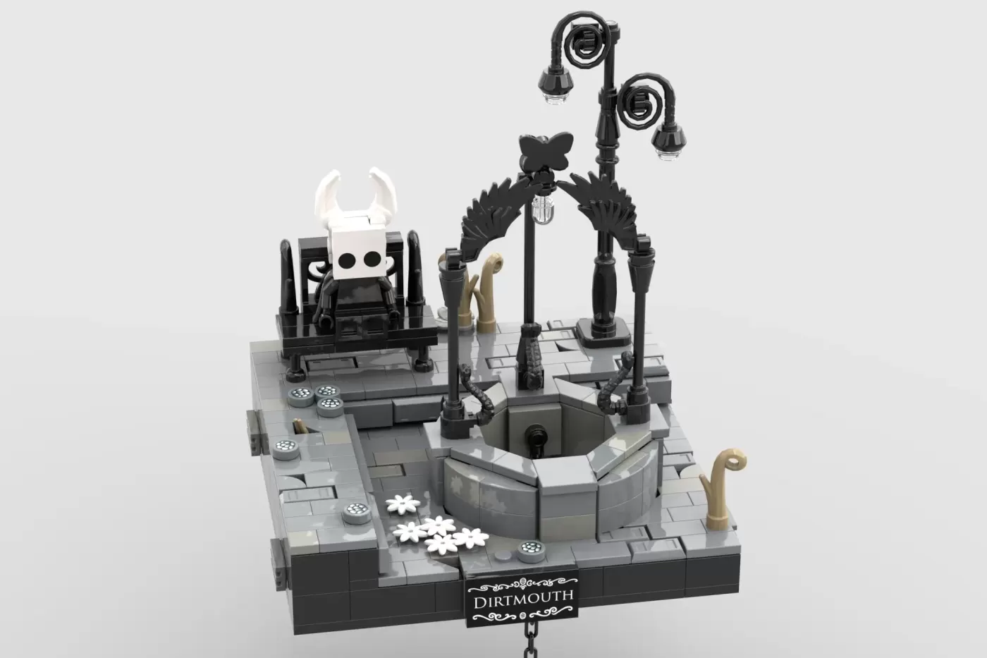 LEGO Dirtmouth set from Hollow Knight featuring black structures, street lamps, a well, and character minifigures.