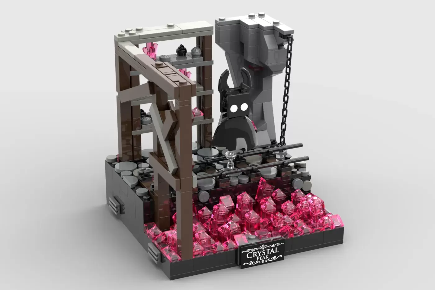 LEGO Hollow Knight Crystal Peak set with black knight minifigure surrounded by pink crystal bricks and architectural struc…