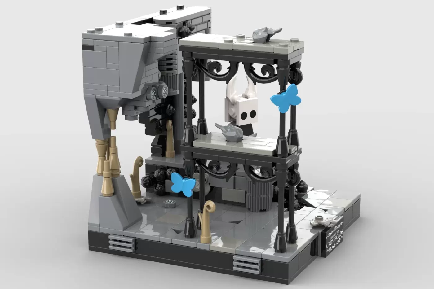 LEGO Hollow Knight set featuring the Knight minifigure in a gothic Hallownest throne room with ornate architecture and blu…