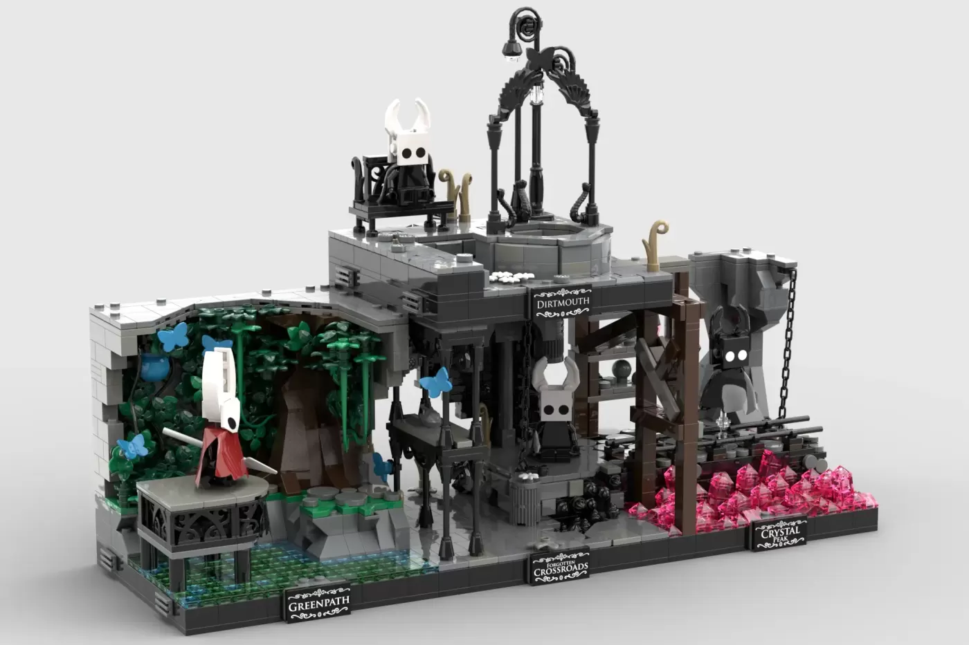LEGO Hollow Knight set featuring Hallownest scenes with The Knight minifigure, gothic architecture, and crystal formations…
