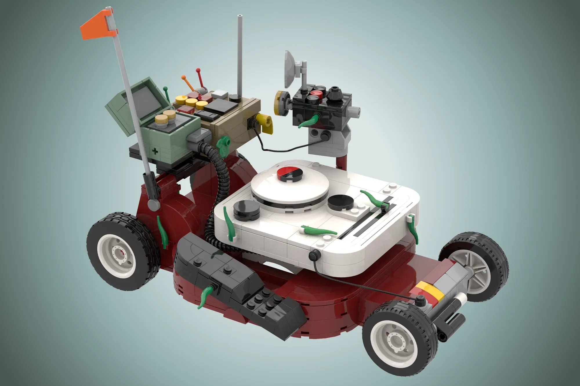 LEGO Ideas Honey I Shrunk the Kids set featuring a red motorized lawnmower with detailed control panels and antenna.