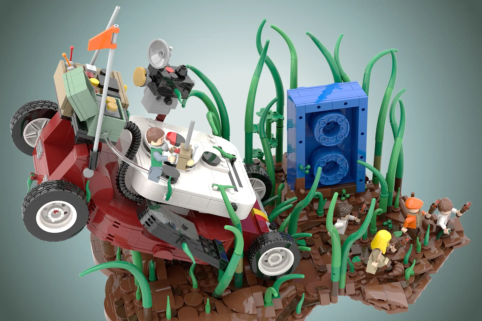 LEGO Ideas Honey I Shrunk the Kids set featuring minifigures, red lawnmower, white airship, and oversized green plants on …