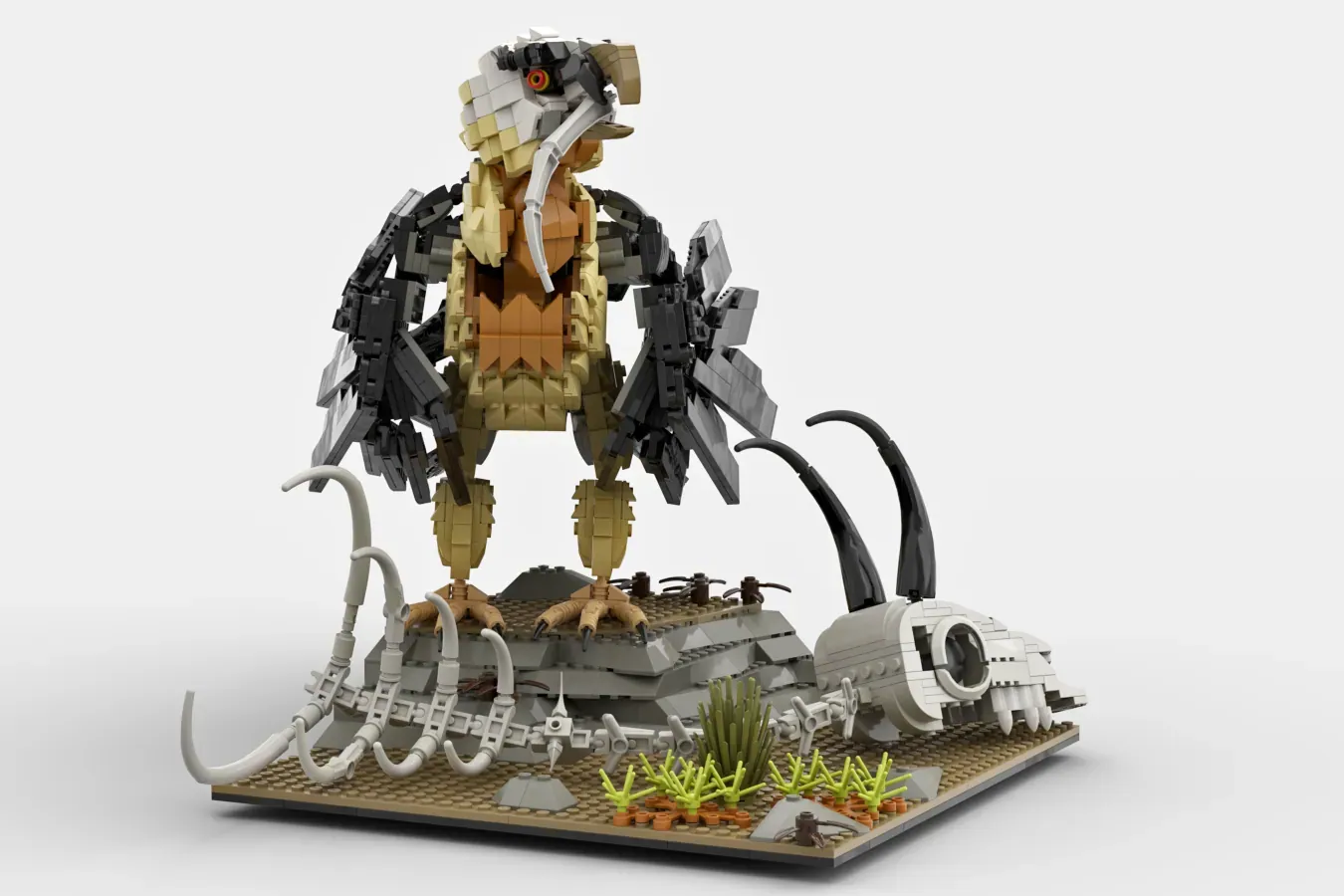 LEGO Bearded Vulture set with movable wings, articulated talons, and desert base with small creature.