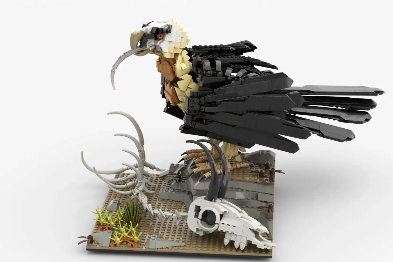 LEGO Ideas Bearded Vulture with movable wings, skeleton skull, and desert base scene.