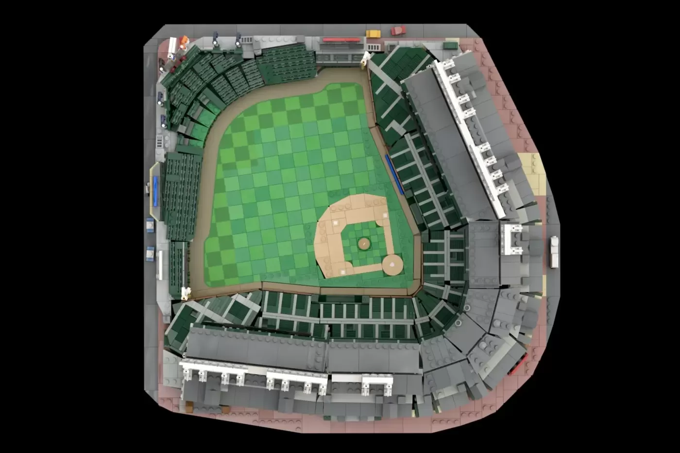 LEGO Wrigley Field model showing the baseball diamond, seating, and surrounding buildings in detailed brick construction.