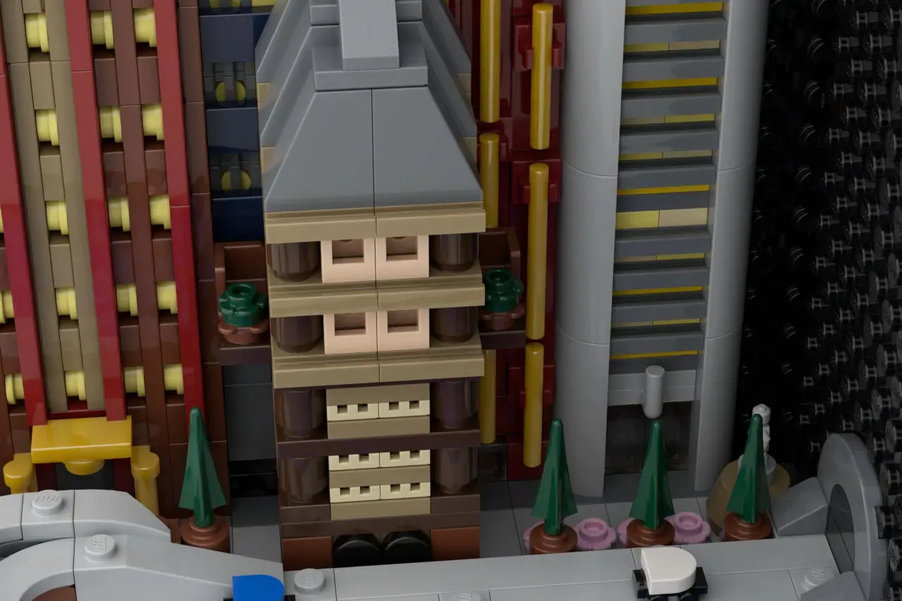 LEGO cityscape with detailed multi-story building featuring cream and brown facades, green trees, and surrounding skyscrap…