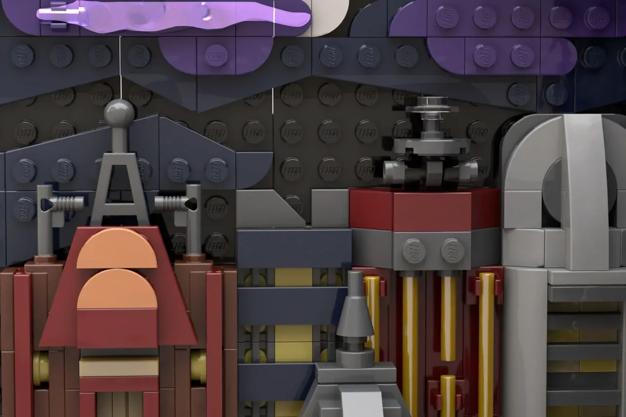 LEGO cityscape with industrial buildings, red factory with press mechanism, gold pillars, and gray structures on brick bas…