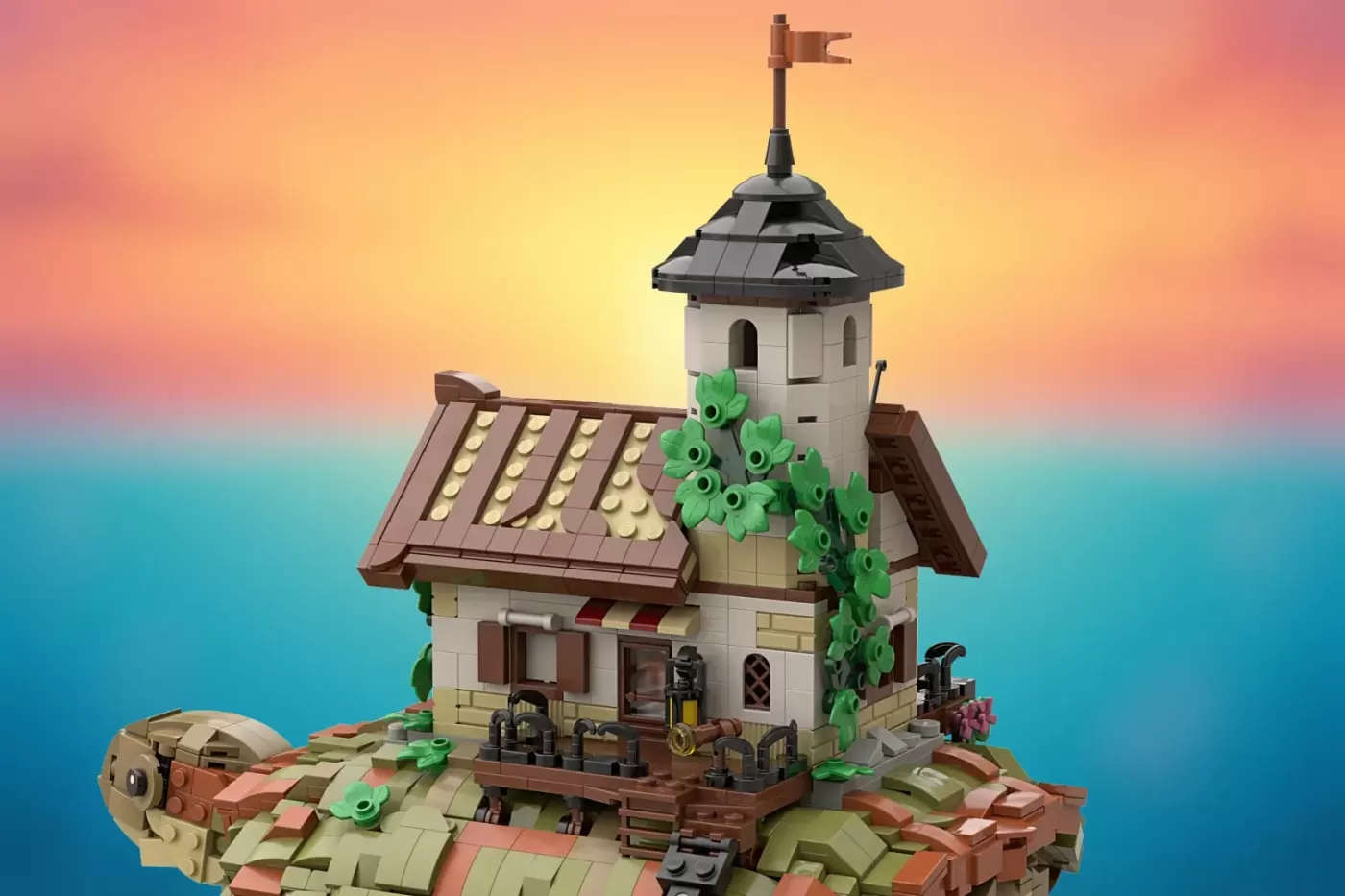 LEGO fisherman's cottage with tower and flag on a giant sea turtle shell base against sunset backdrop.