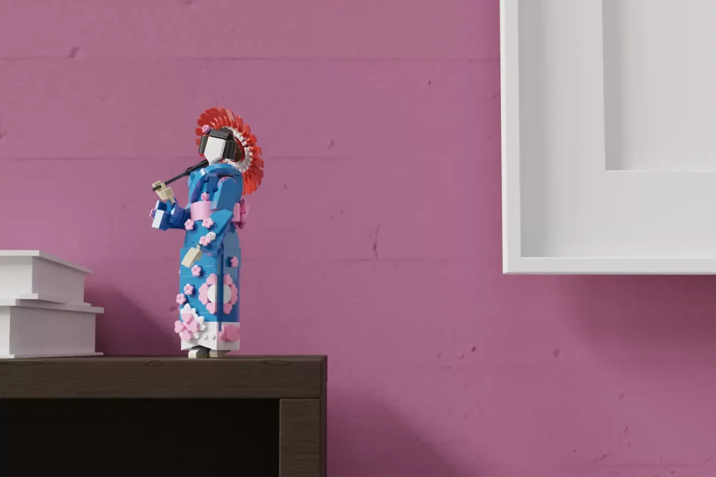 LEGO minifigure in blue kimono with pink flowers and red hair accessory, holding parasol on dark shelf.