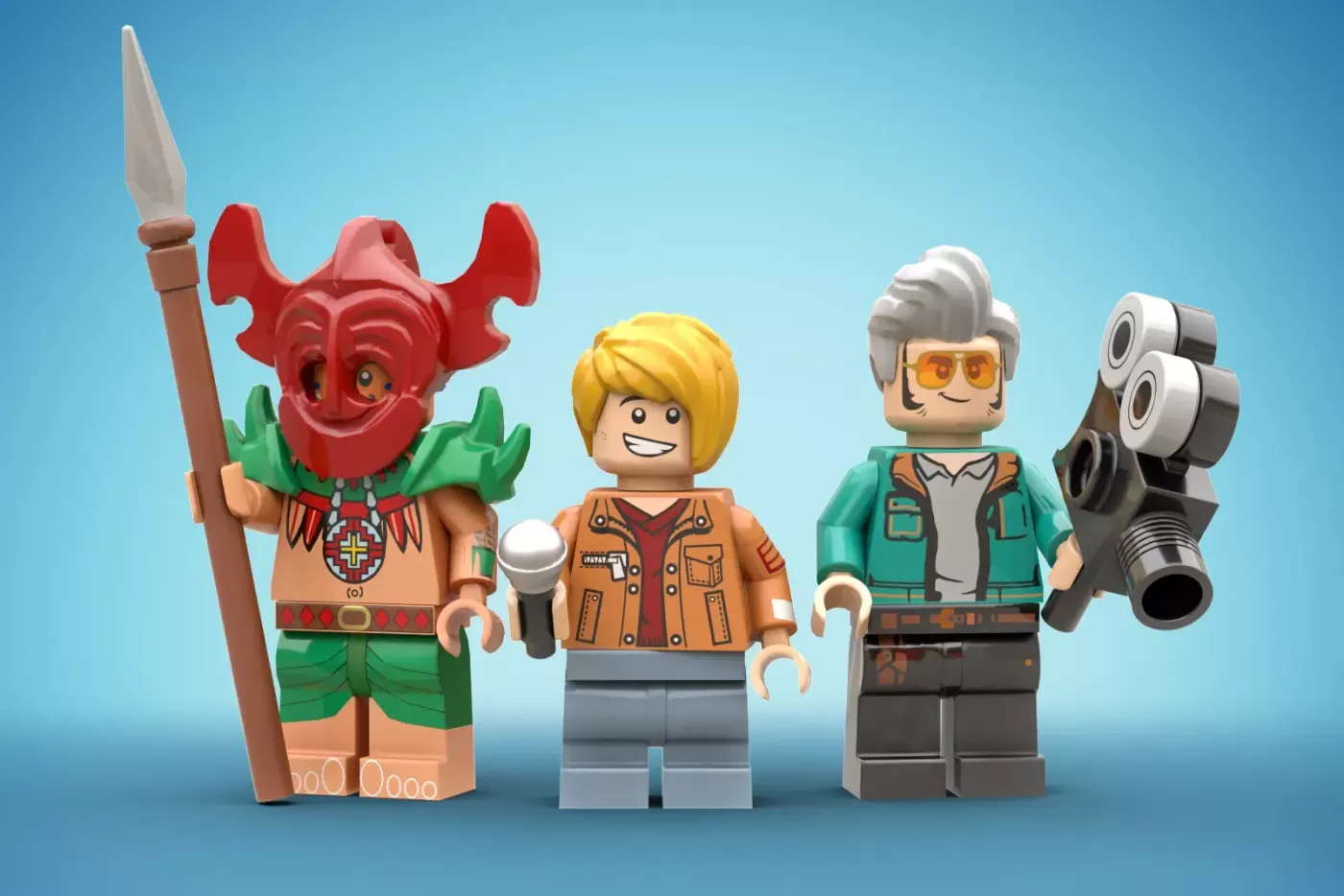 Four LEGO minifigures on blue background: red-masked warrior with spear, blonde-haired explorer, gray-haired adventurer wi…