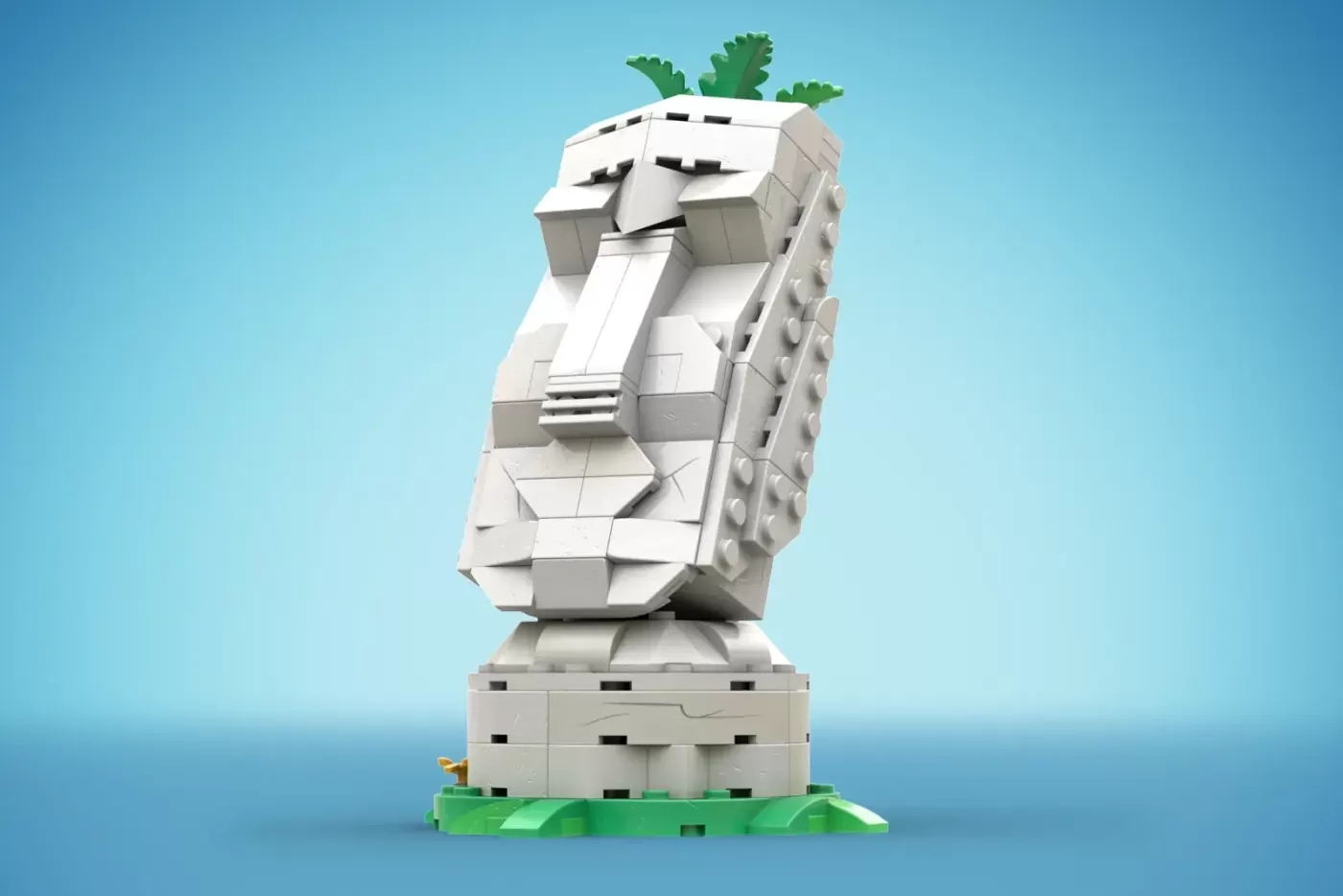 LEGO MOAI statue with white brick construction, green plant on head, seated on stone base against blue background.