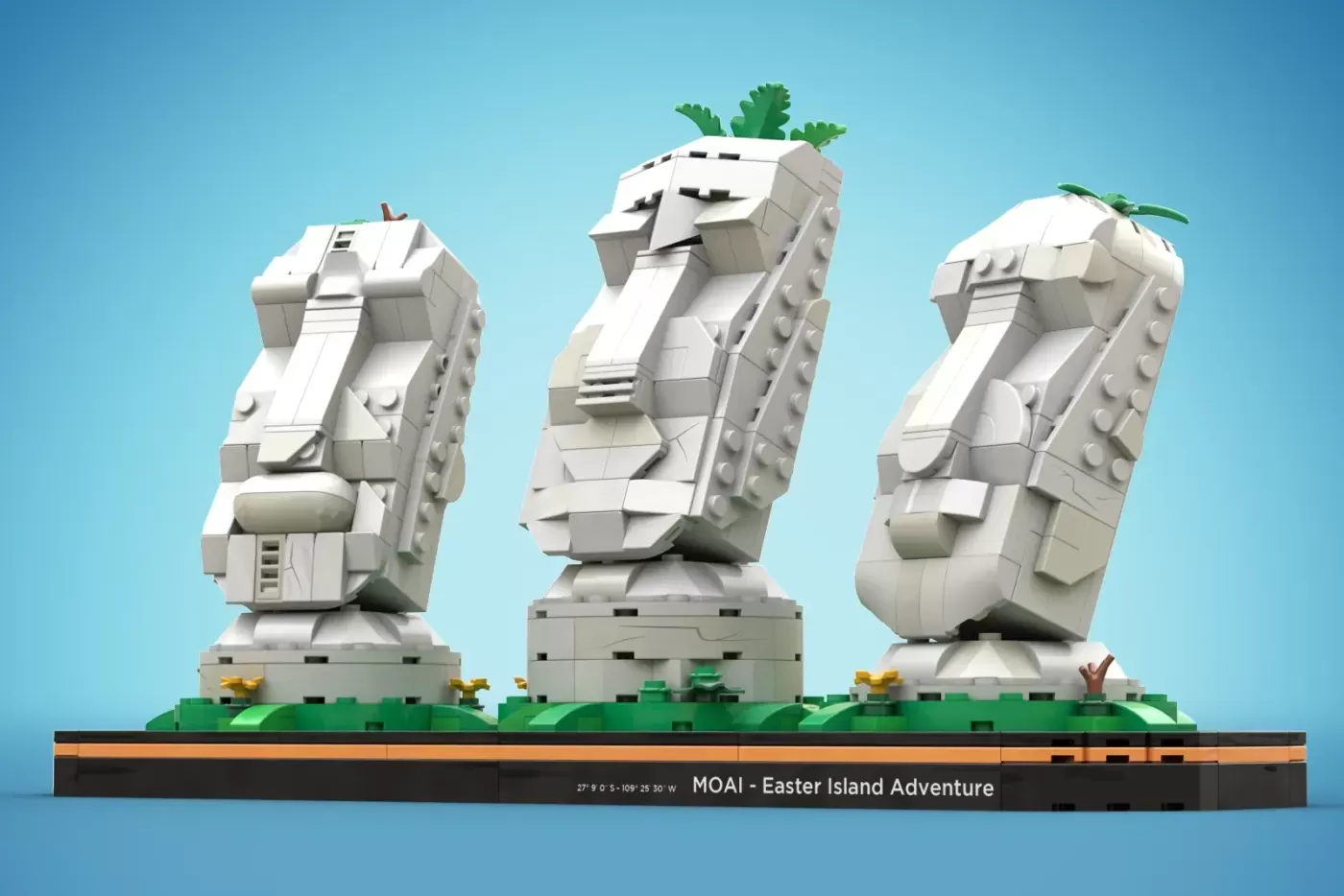 LEGO MOAI set featuring three iconic Easter Island stone head statues with green foliage on blue base.
