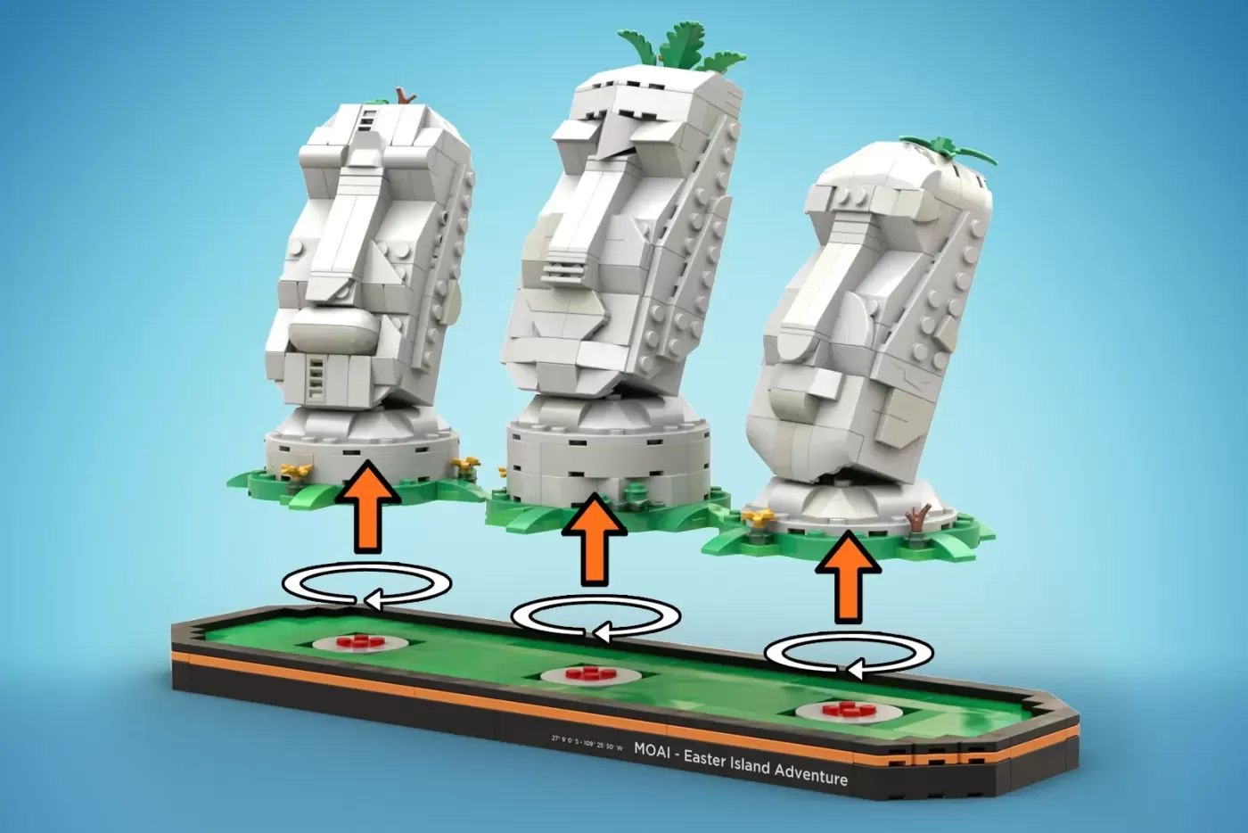 LEGO MOAI Easter Island Adventure set featuring three white brick moai statues with green plants on a display base.