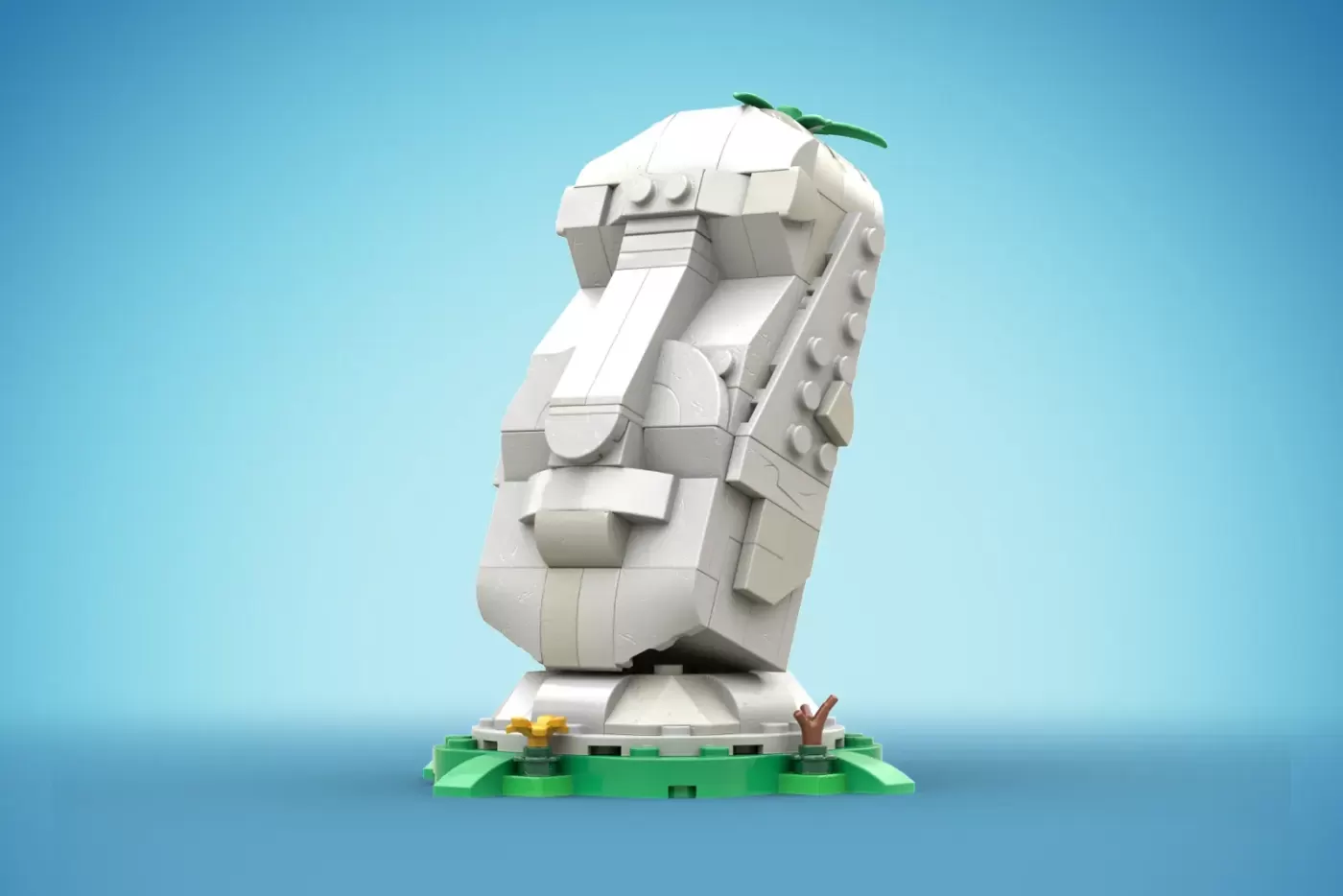 LEGO MOAI set featuring a white stone Easter Island statue head on green base with small details.