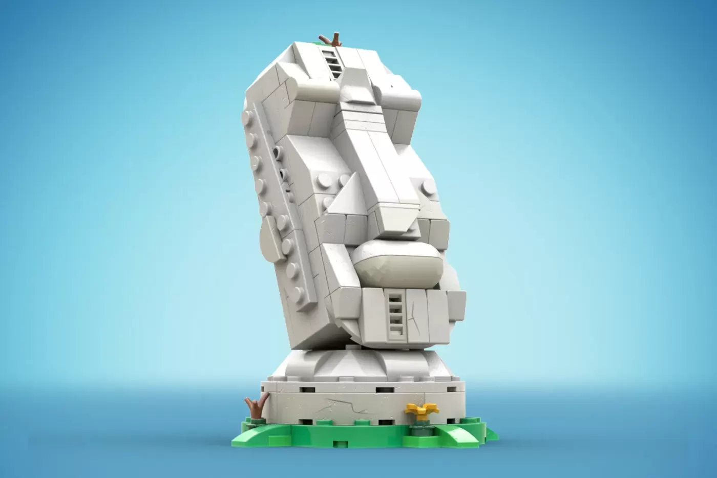 LEGO MOAI statue with white brick construction on green base against blue background.