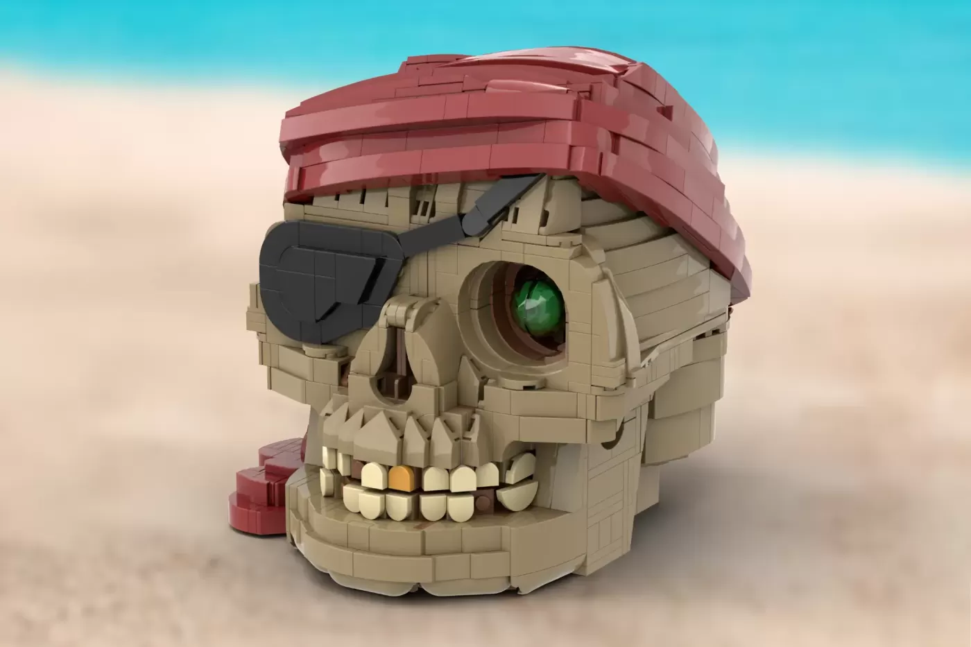 LEGO pirate skull with red hat, eye patch, glowing green eye, and teeth details on sandy backdrop.