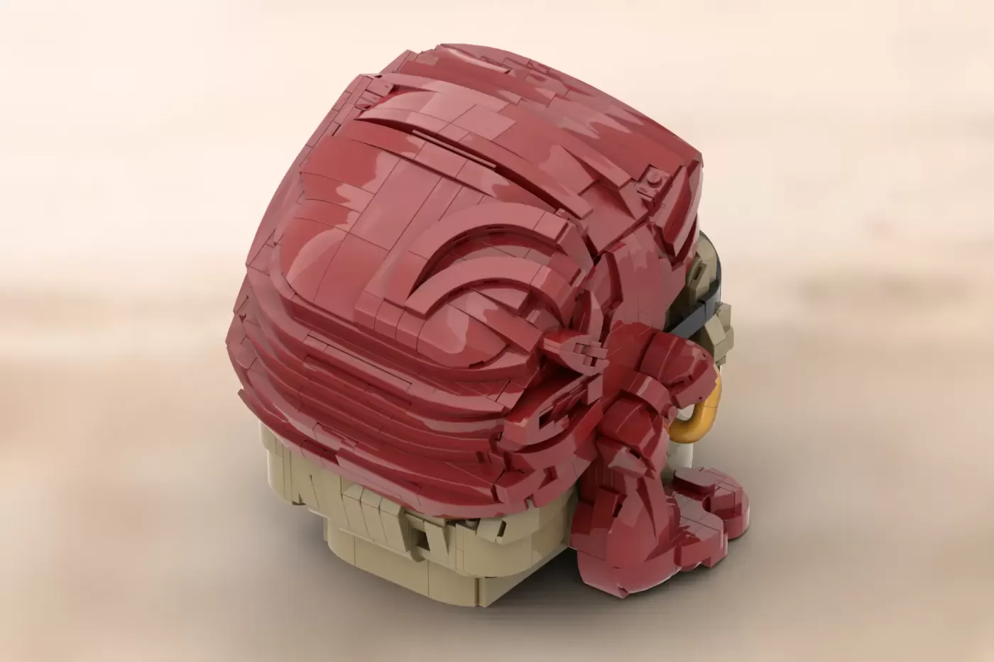 A red LEGO brick skull with curved details and a tan base, featuring gold earrings and mechanical elements.