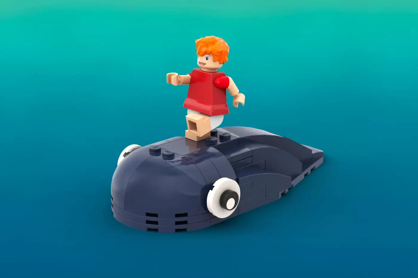 LEGO minifigure with orange hair in red dress standing on dark blue submarine vehicle against turquoise background.