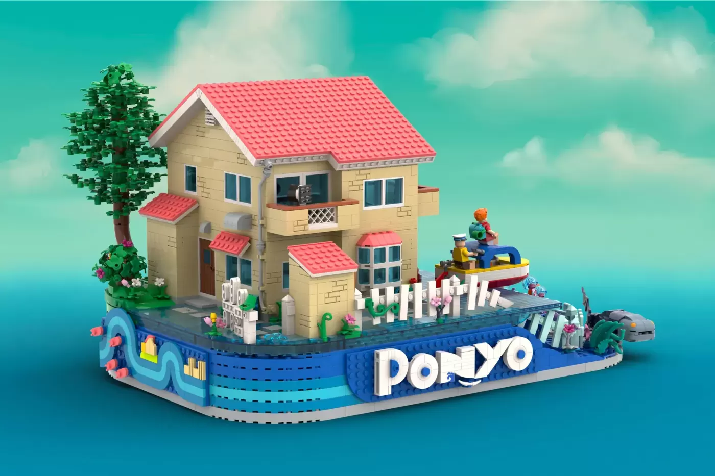 LEGO Ponyo set featuring a cream house with red roof on blue base, minifigures, boat, white fence, and green tree.