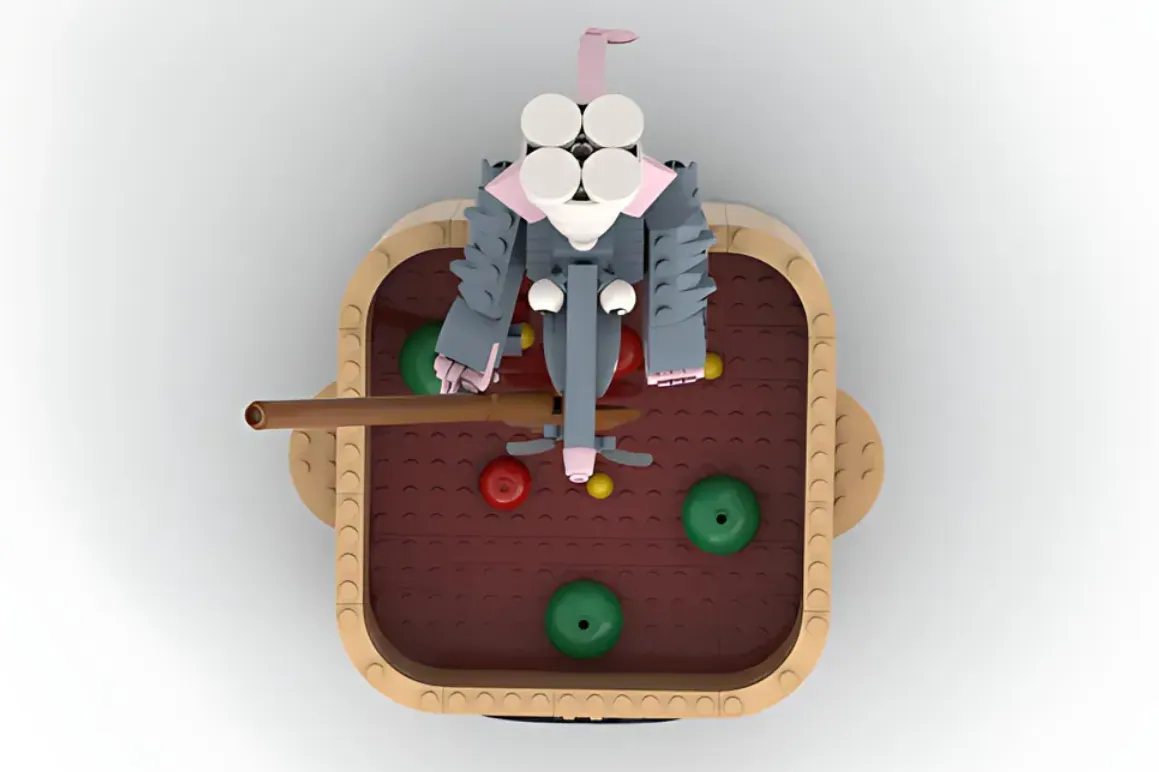 LEGO Remy minifigure in chef's hat above kitchen scene with billiard table and cue stick.