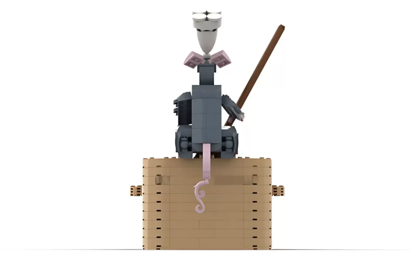 LEGO Ratatouille rat chef figure on wooden crate with brown staff and pink tail detail.